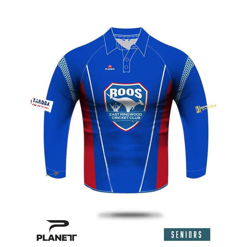 Blue and red cricket shirt.