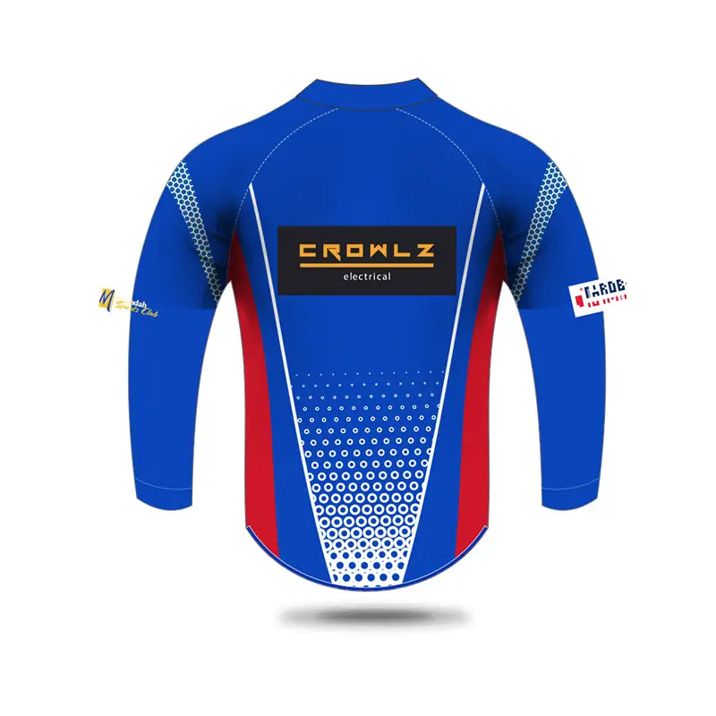 Blue and red long-sleeved shirt.