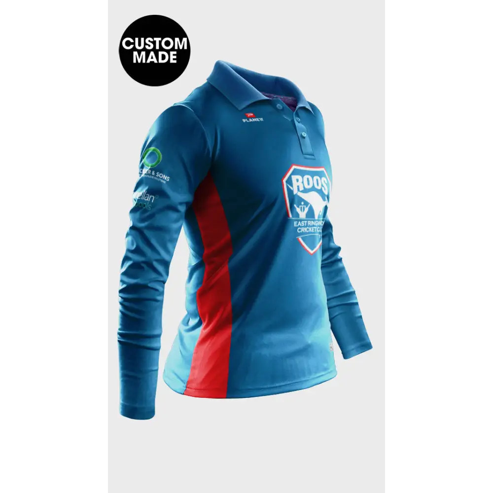 Blue and red long-sleeved sports shirt.