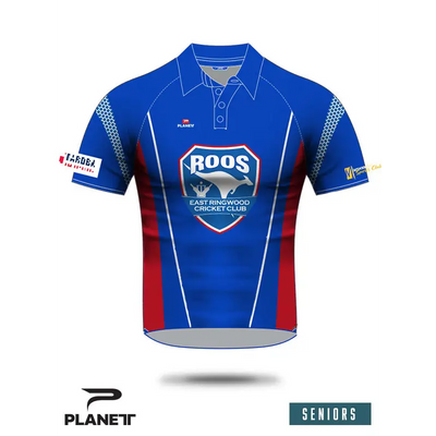 Blue and red cricket shirt.