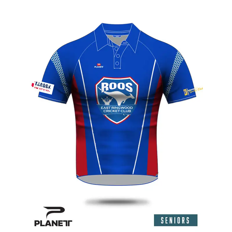 Blue and red cricket shirt.