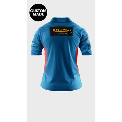 Blue and red custom-made polo shirt.