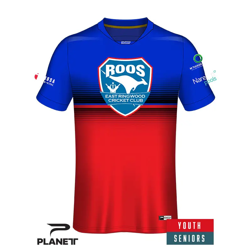 Blue and red cricket jersey.