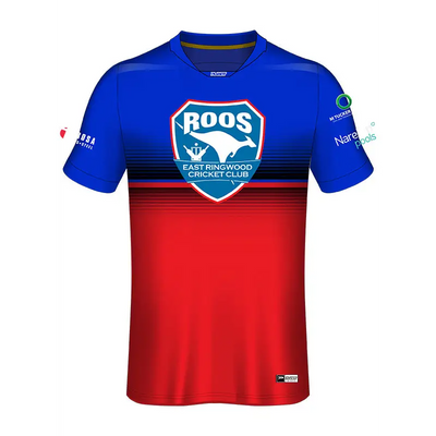 Blue and red cricket jersey.