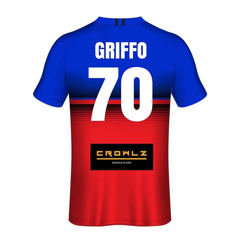 Blue and red soccer jersey.