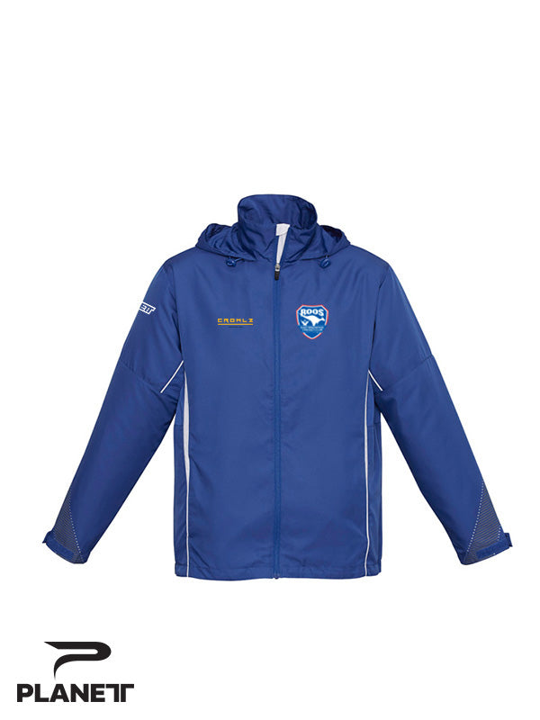 Blue hooded jacket.