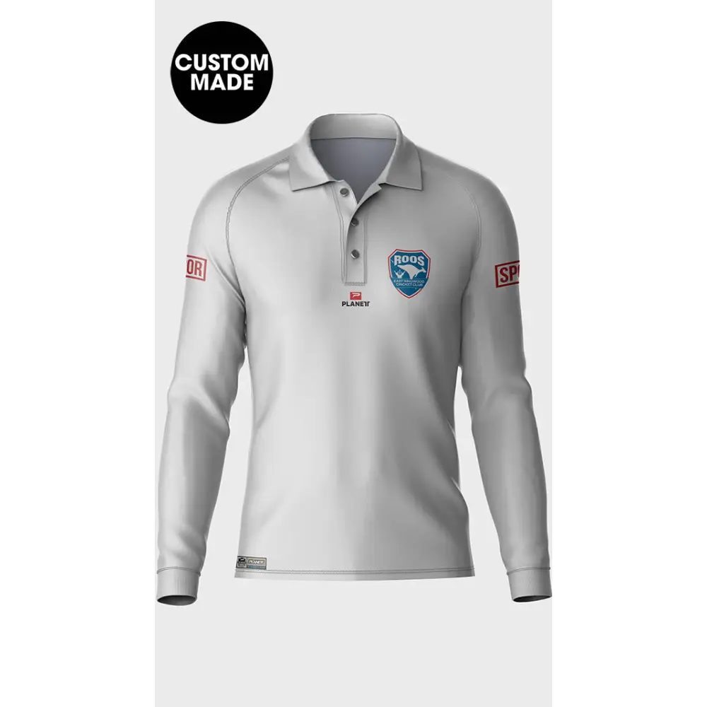 White long-sleeved polo shirt.