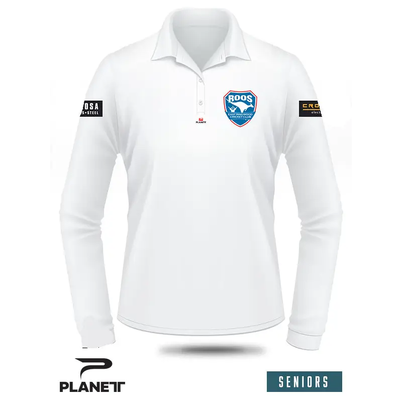 White long-sleeved polo shirt.