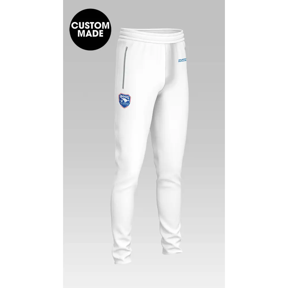 White custom-made athletic pants.