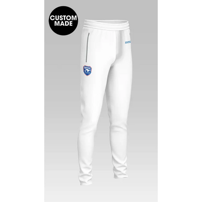 White custom-made athletic pants.
