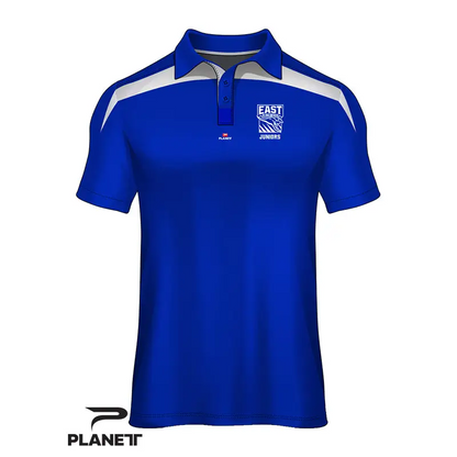 Blue and white polo shirt.