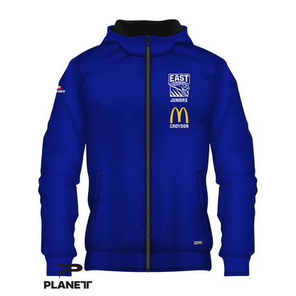 Blue hooded jacket.
