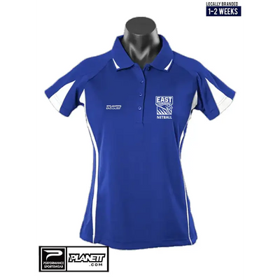 Blue and white netball polo shirt.