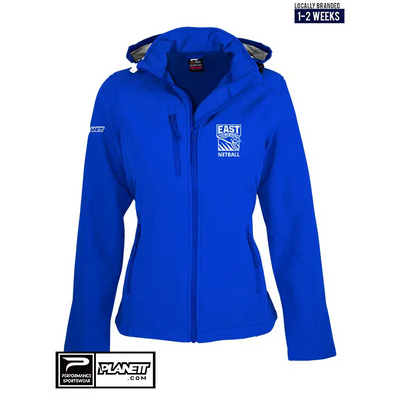 Blue hooded softshell jacket.