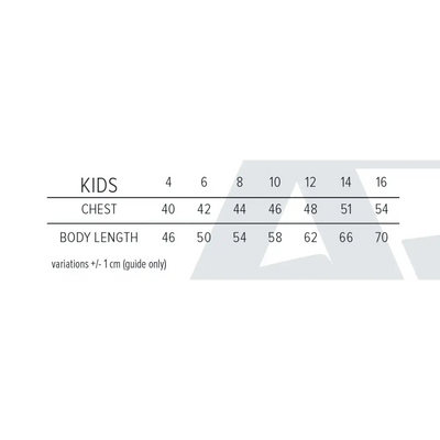 Kids’ clothing size chart.