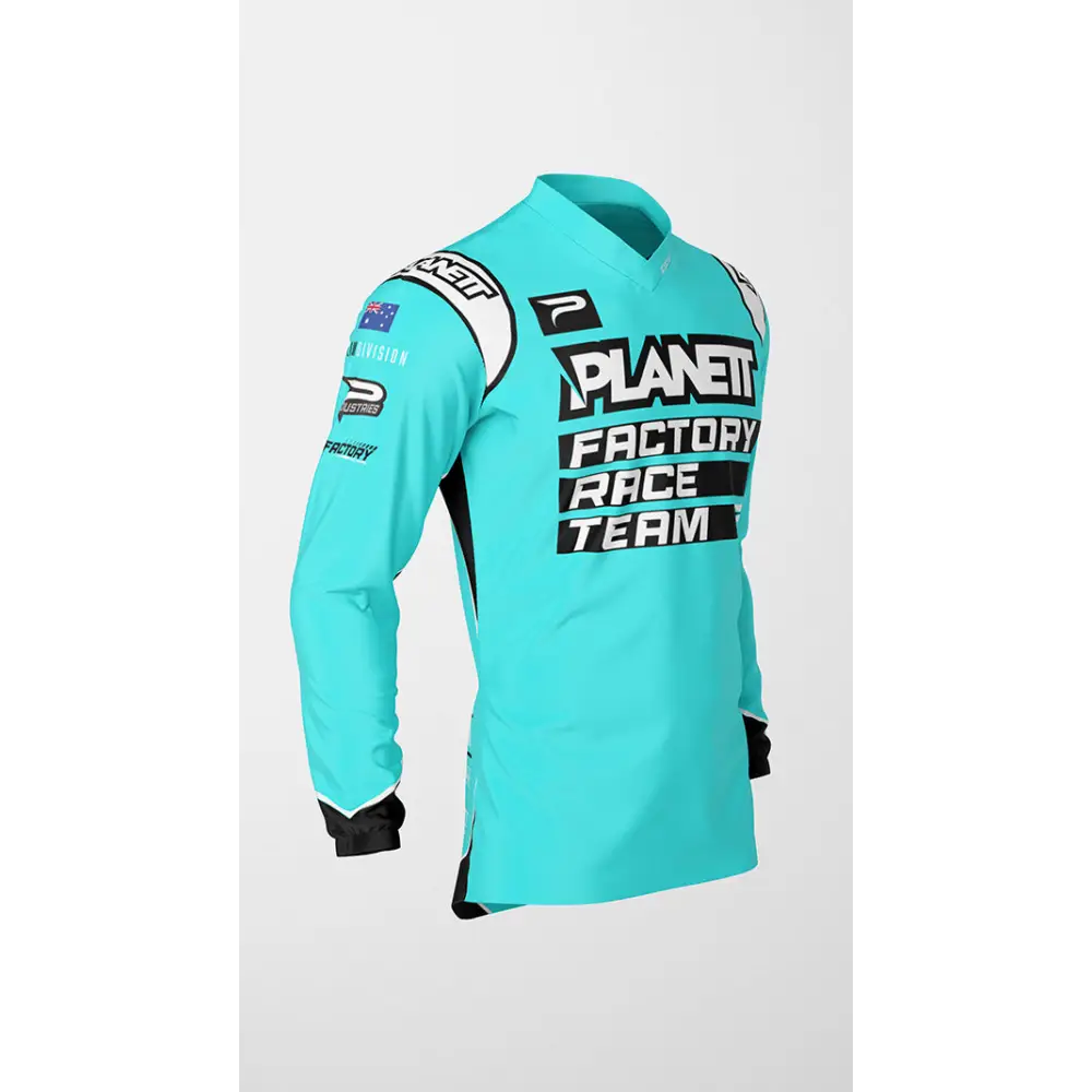 Turquoise long-sleeved racing jersey.