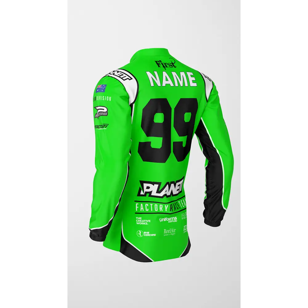 Green racing jersey with number 99.