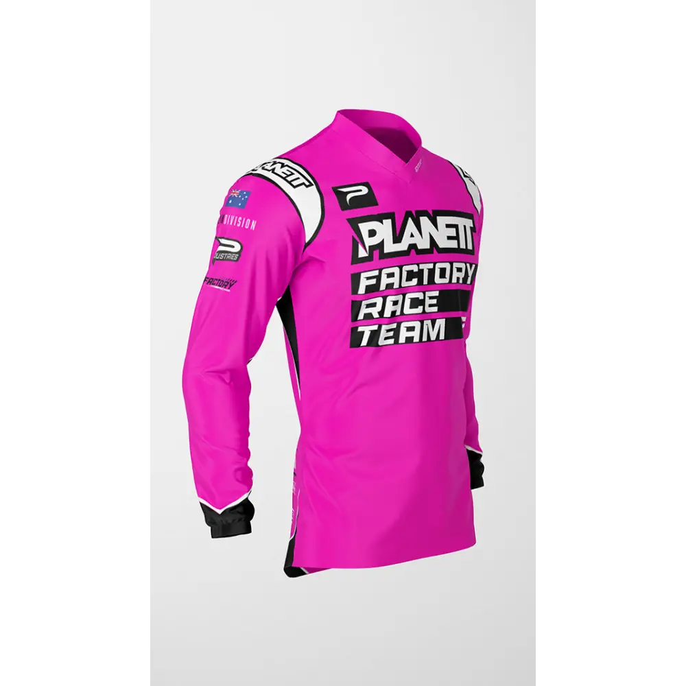 Pink and black long-sleeved racing jersey.