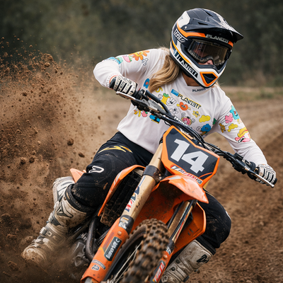 Orange and black ktm dirt bike with number 14 on the front fender