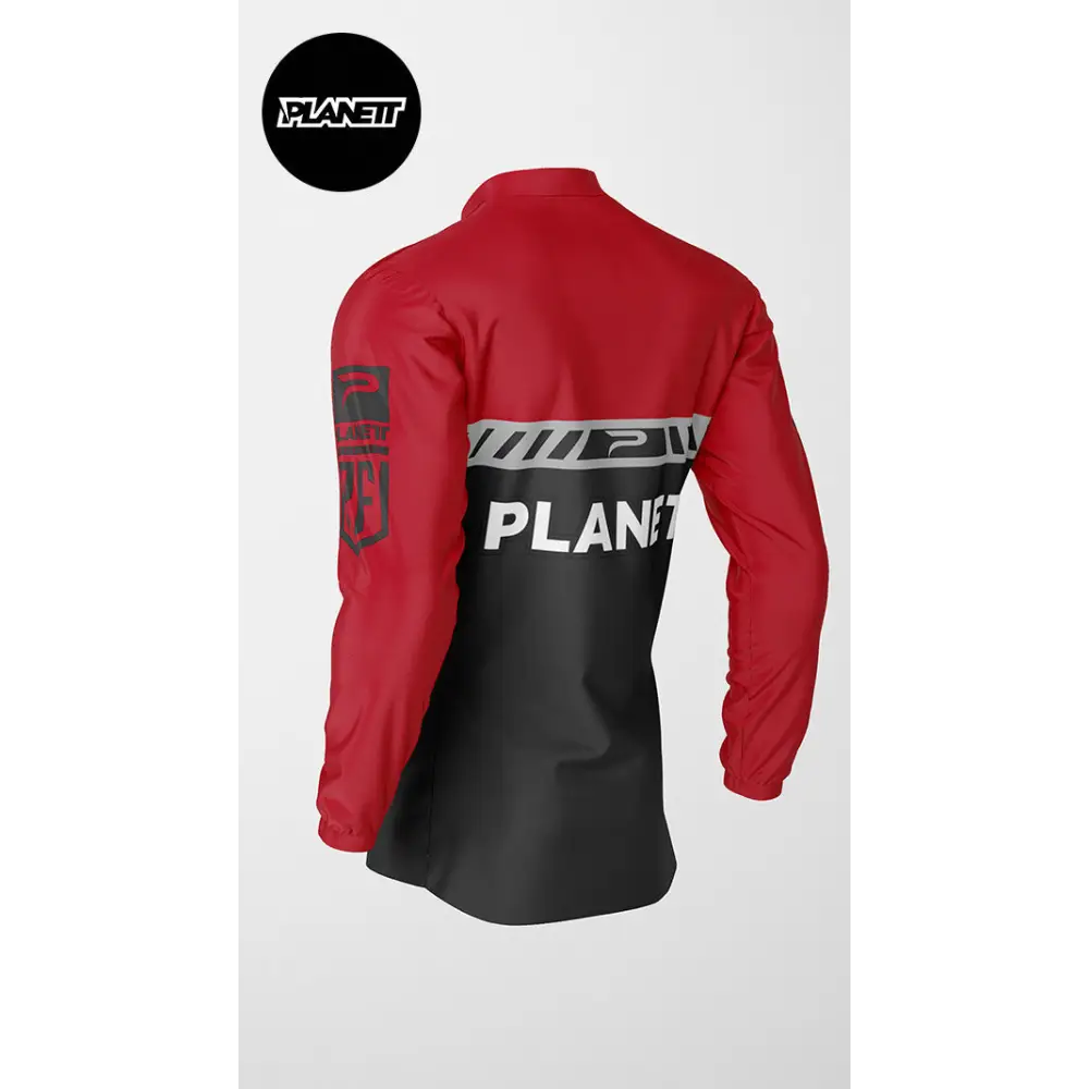 Red and black Planettt jacket.