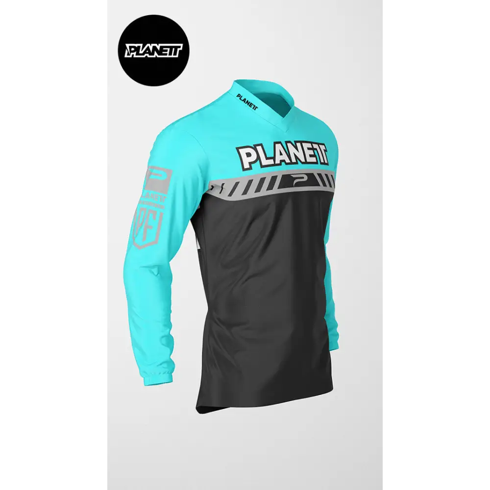 Turquoise and black long-sleeved jersey.