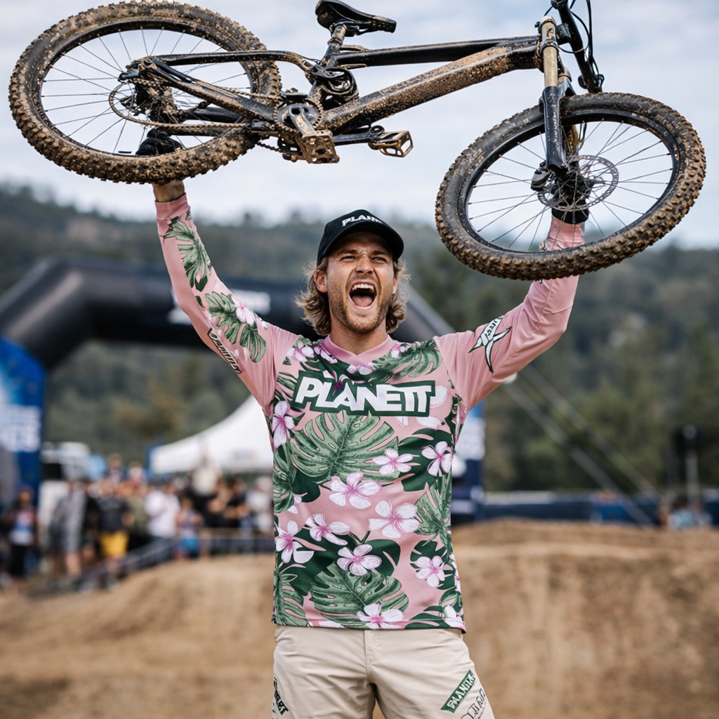 Muddy black mountain bike with gold suspension forks