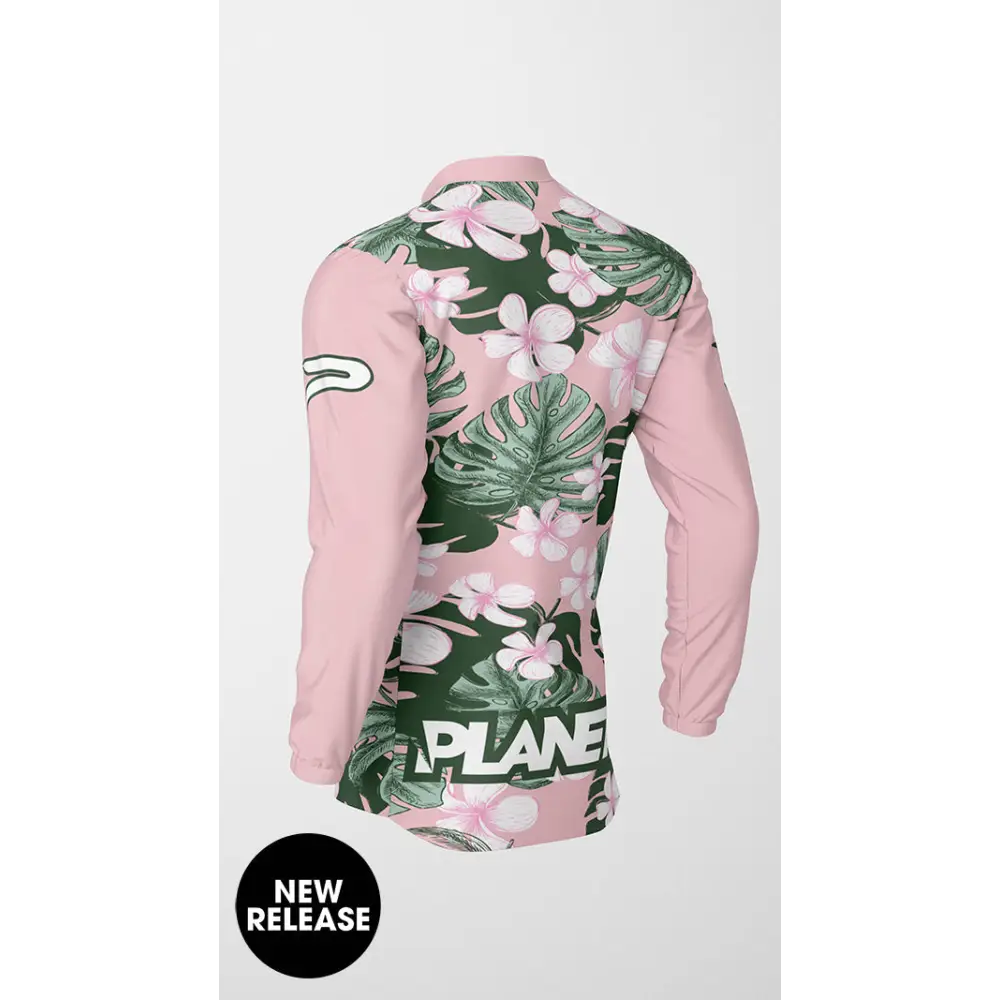 Pink floral long-sleeved shirt.