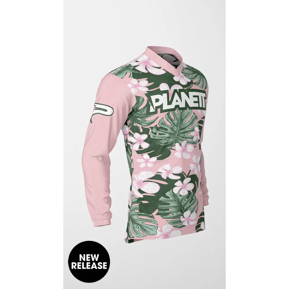 Pink floral long-sleeved shirt.