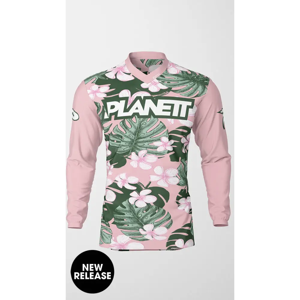 Pink floral long-sleeved shirt.