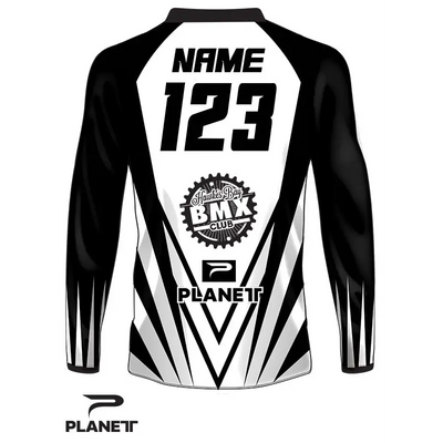 Black and white long-sleeved jersey.