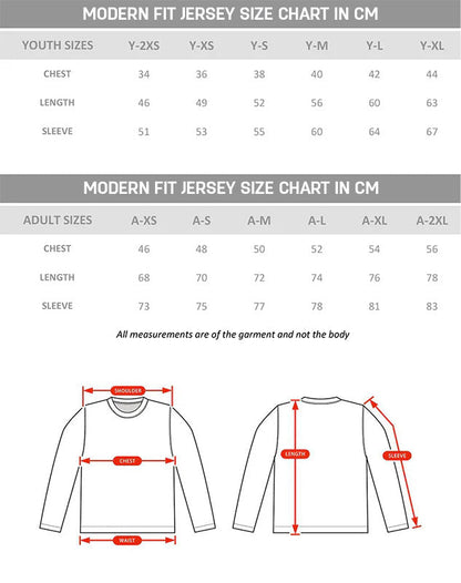 A size chart for modern fit jerseys.