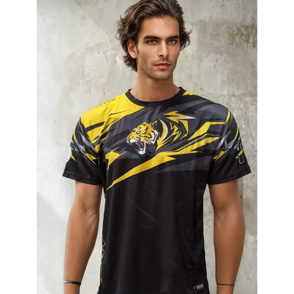 Black and yellow tiger graphic t-shirt.