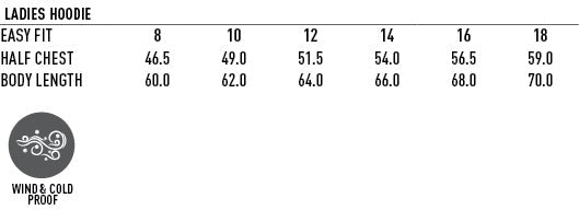 Ladies hoodie size chart with measurements.