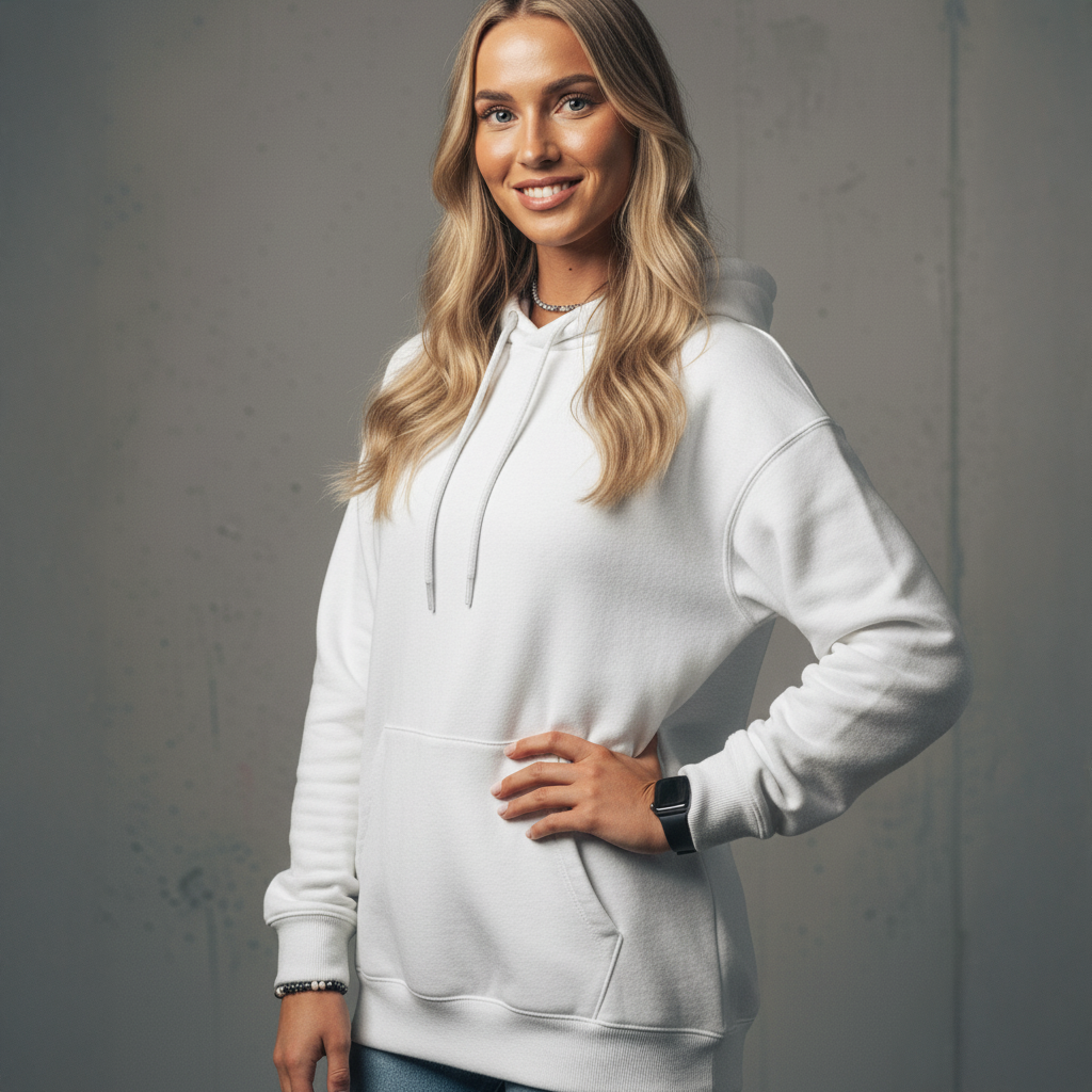A smiling woman with long blonde hair wearing a white hoodie and a black smartwatch.