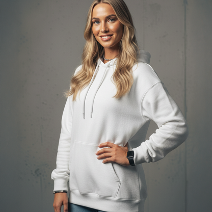 A smiling woman with long blonde hair wearing a white hoodie and a black smartwatch.