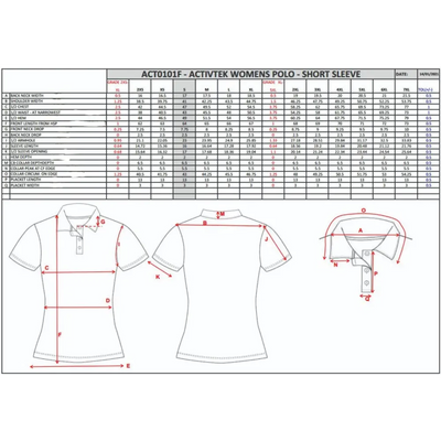 Sizing chart for a women’s polo shirt.