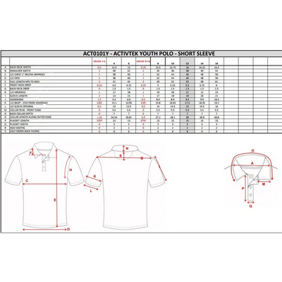 Youth polo shirt sizing chart.