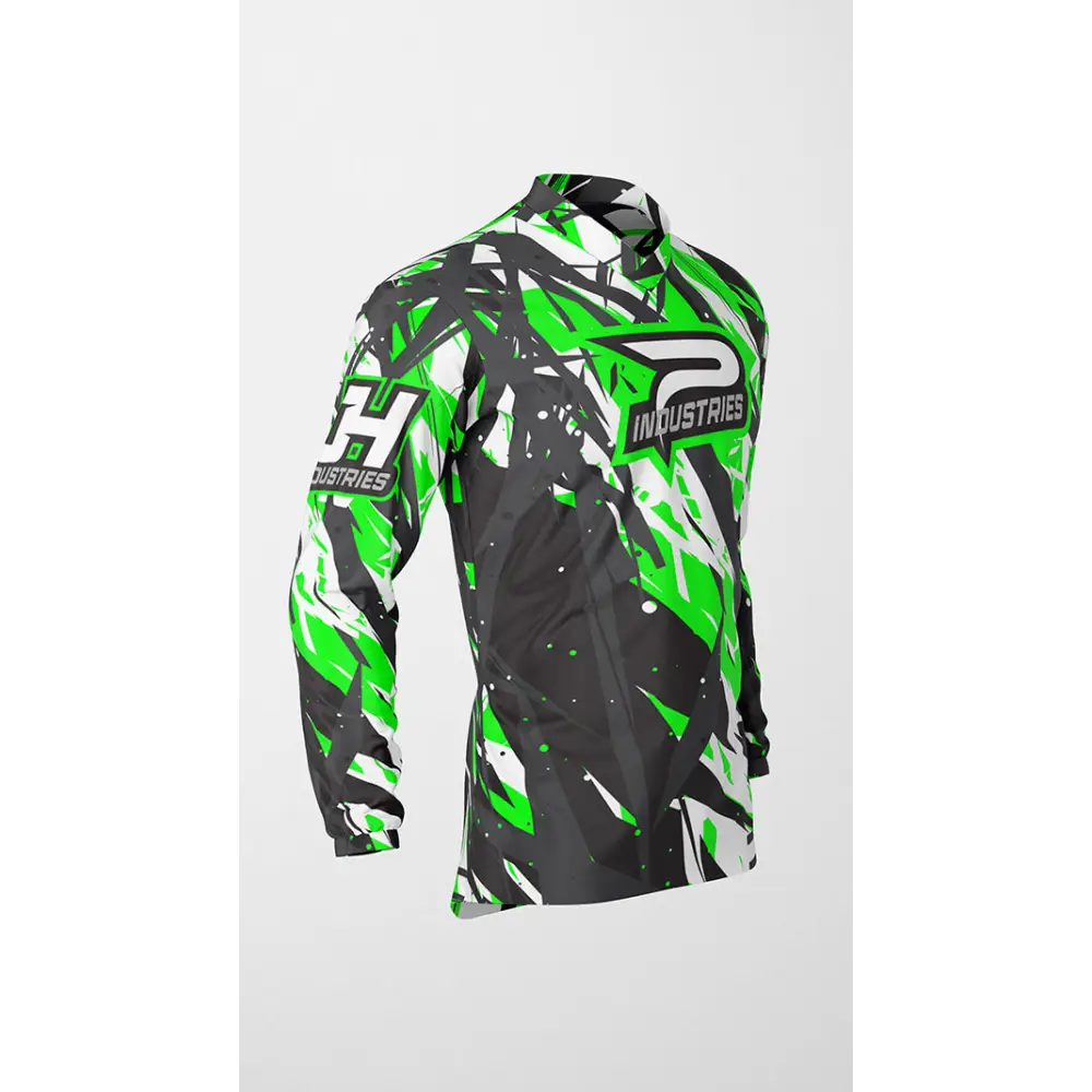 Green, black, and white patterned long-sleeved shirt.