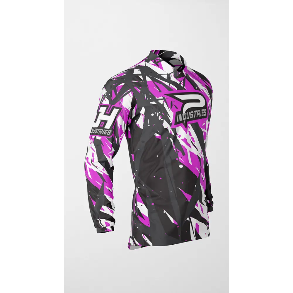 Purple, black, and white patterned long-sleeved shirt.