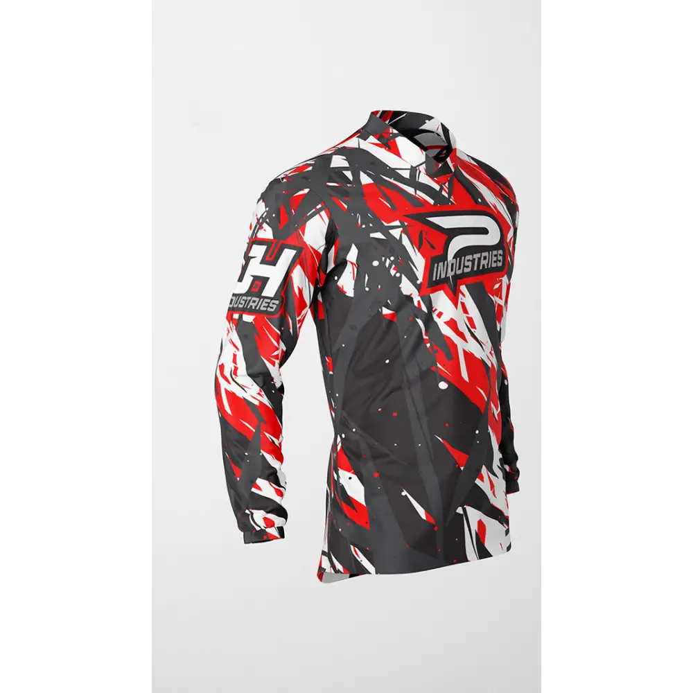 Red, white, and black patterned long-sleeved shirt.