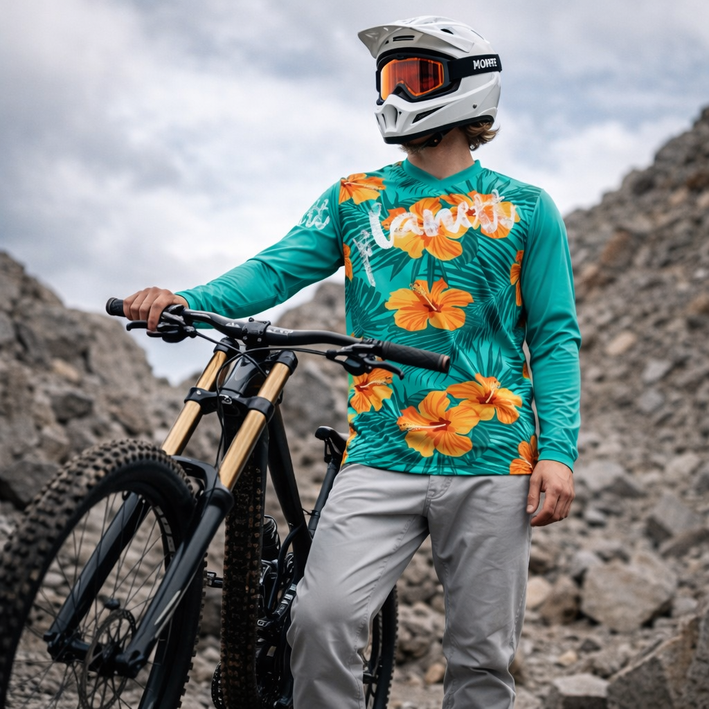 Teal long-sleeved mountain biking jersey with vibrant orange hibiscus flowers and tropical leaf patterns