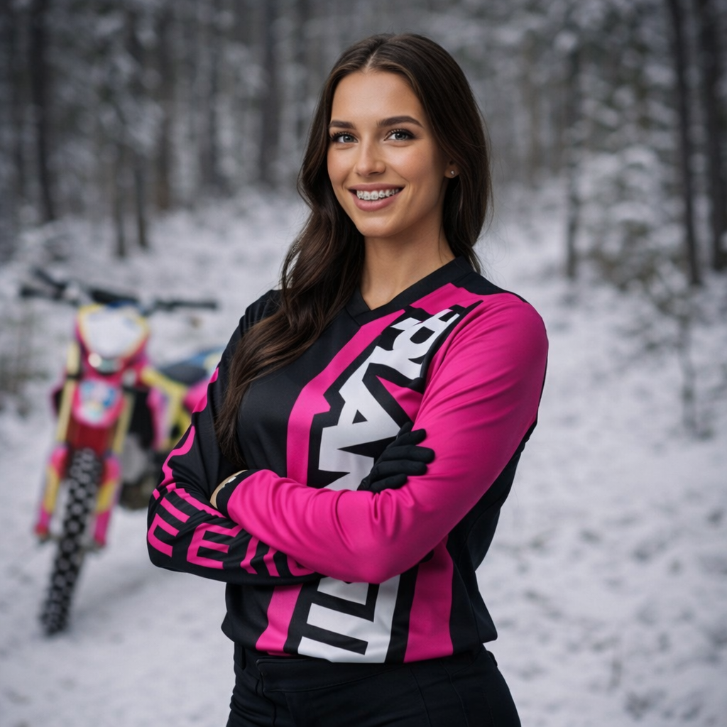 A vibrant pink and black long-sleeved motocross jersey with bold white lettering across the chest.
