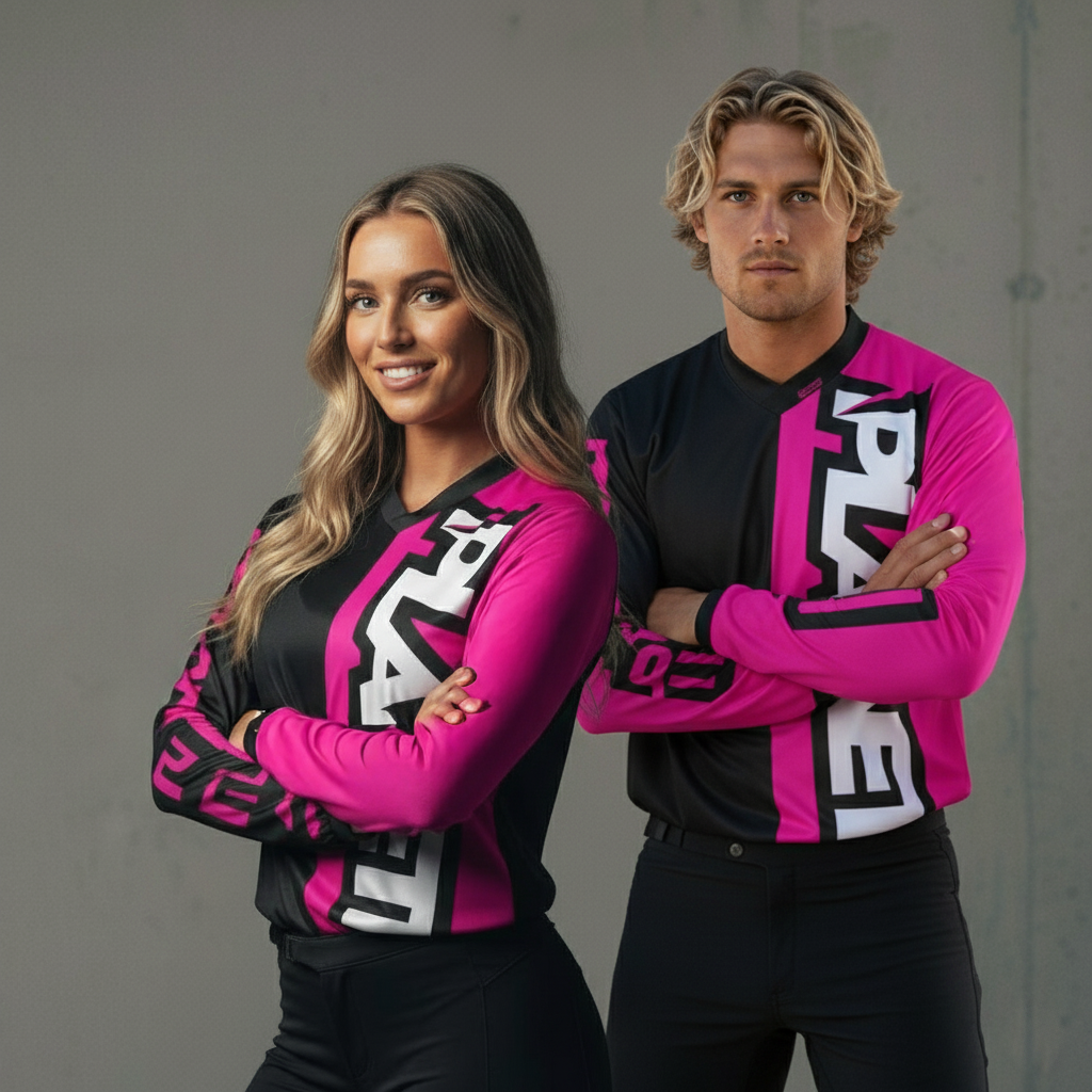 Two individuals wearing matching long-sleeved athletic shirts with black and hot pink panels.