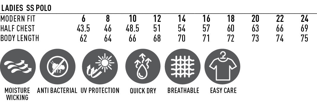 A size chart and features for a women’s short-sleeved polo shirt.