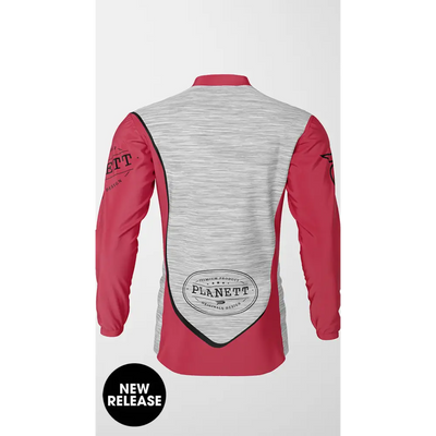 Red and gray long-sleeved shirt.