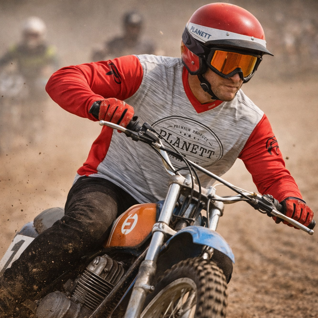Red and white planett helmet with orange-tinted goggles.