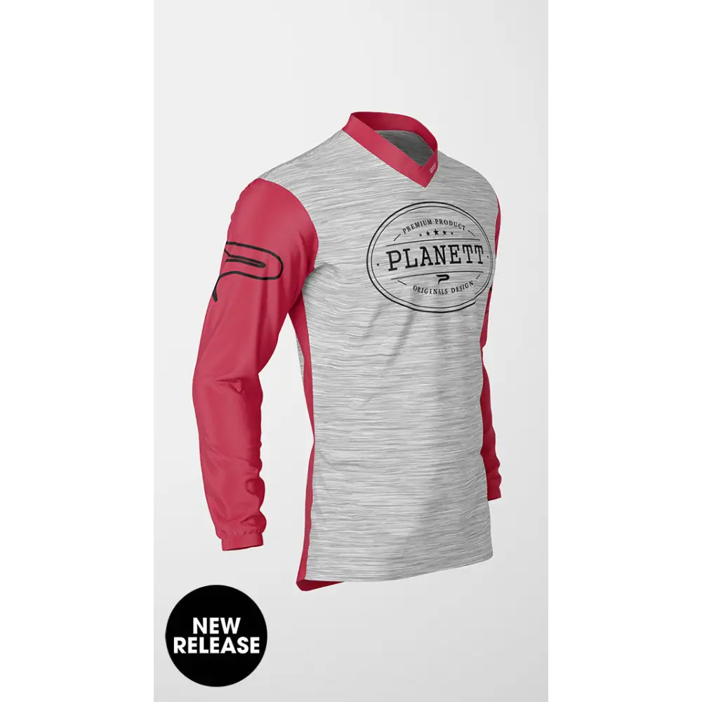 Long-sleeved jersey with a heathered gray torso and red sleeves.