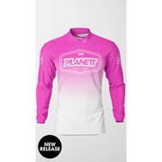Pink and white long-sleeved shirt.