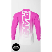 Pink and white long-sleeved shirt.