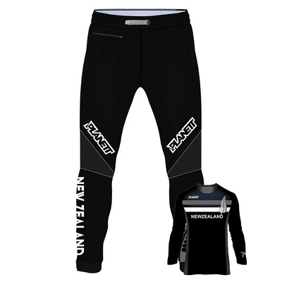 Black athletic pants and shirt.